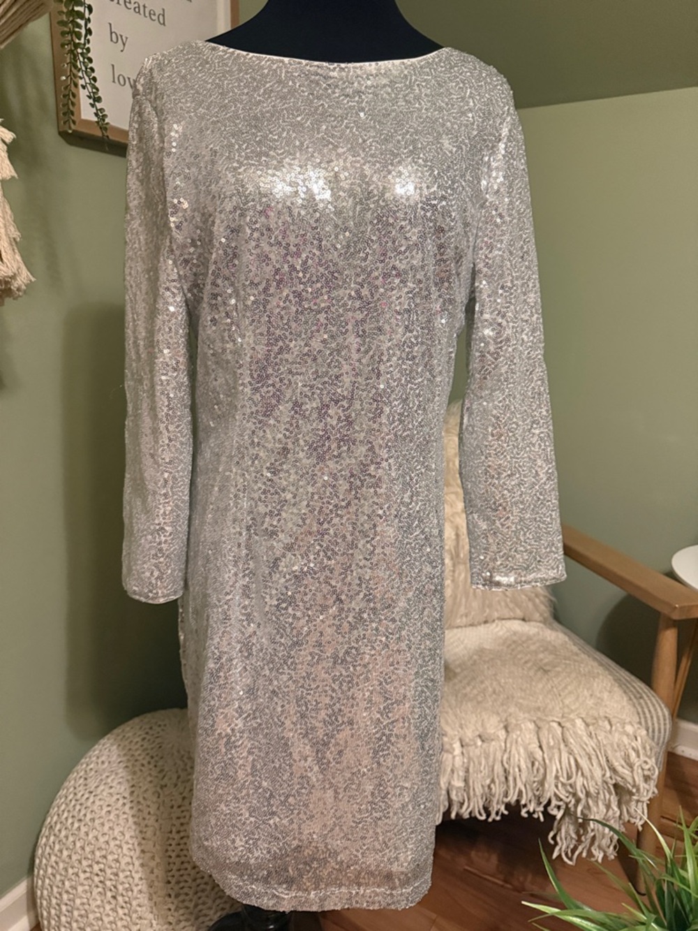 Silver Sequin Long-Sleeve Cocktail Dress
